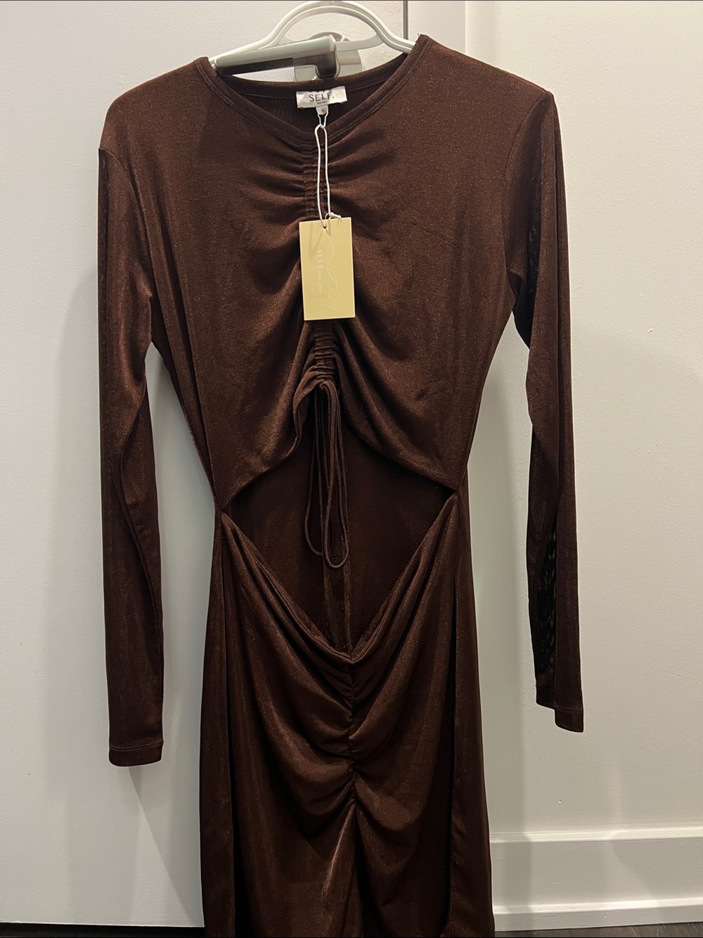 SELF. Brown Long-Sleeve Ruched Cutout Midi Dress by